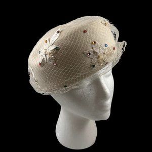 Astre Pillbox Hat White Wool Vintage 1960s Netting Sequins Bridal USA
